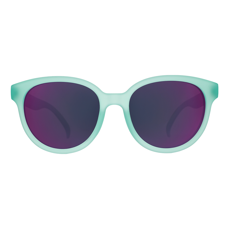 Round sunglasses with mint green frames and purple mirrored lenses, front view
