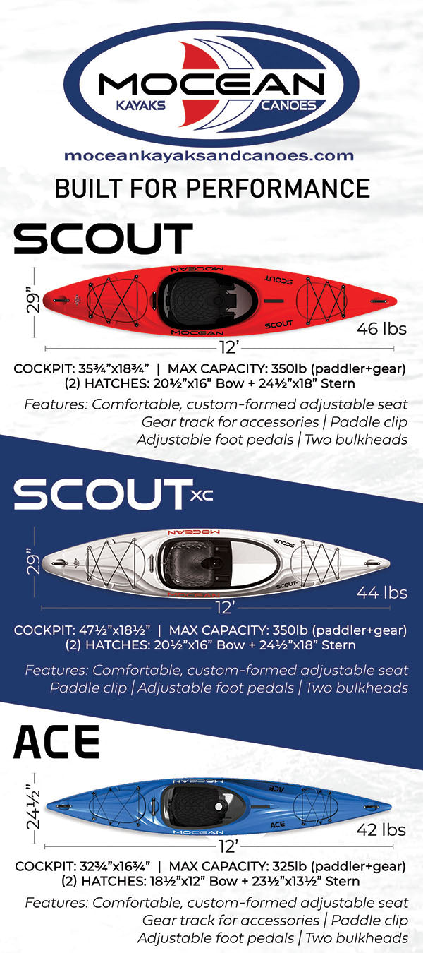 Blue kayak with black cockpit and bungee deck rigging, side profile view
