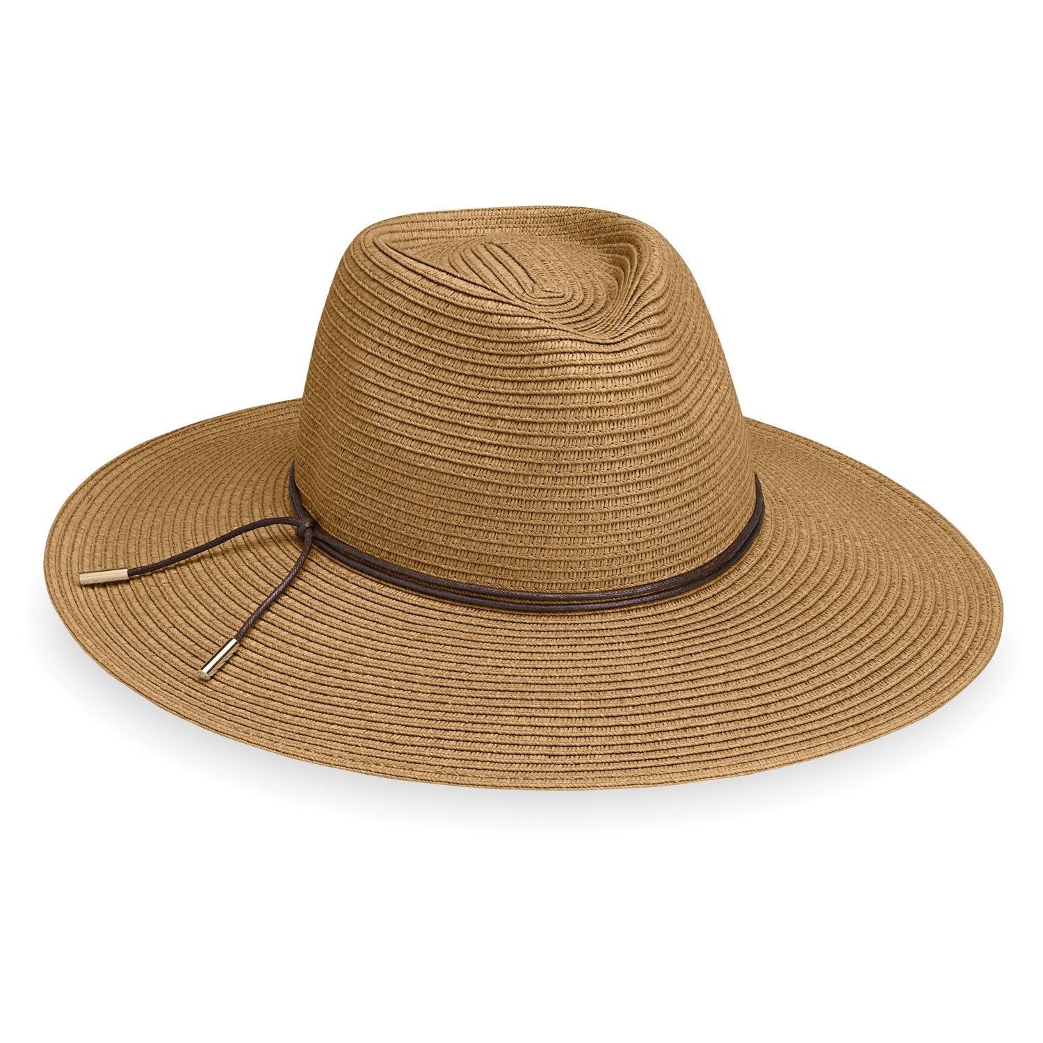 Wide brim straw fedora hat with dark leather chin cord and structured crown, angled view