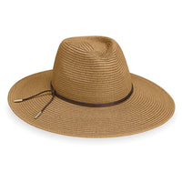 Wide brim straw fedora hat with dark leather chin cord and structured crown, angled view