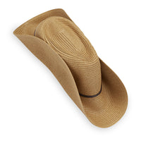 Wide brim straw cowboy-style hat folded flat, showing woven texture and leather band detail