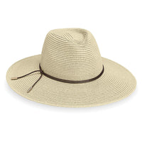 Wide brim straw fedora hat with leather cord band and structured crown, side angle view