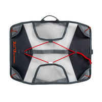 Lightweight camping chair with gray and white fabric panel construction, top view