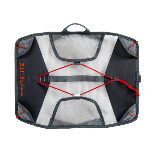 Lightweight camping chair with gray and white fabric panel construction, top view