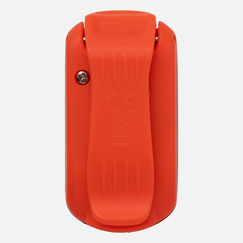 Orange LED safety light clip with curved design and mounting screw, front view