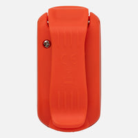 Orange LED safety light clip with curved design and mounting screw, front view