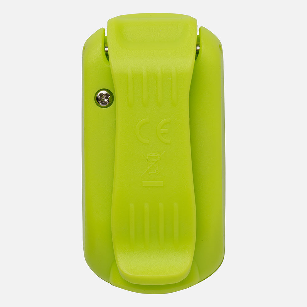 Bright green LED safety light clip with attachment mechanism, front view on white background