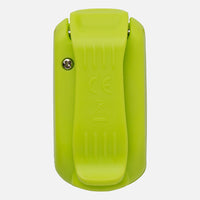Bright green LED safety light clip with attachment mechanism, front view on white background