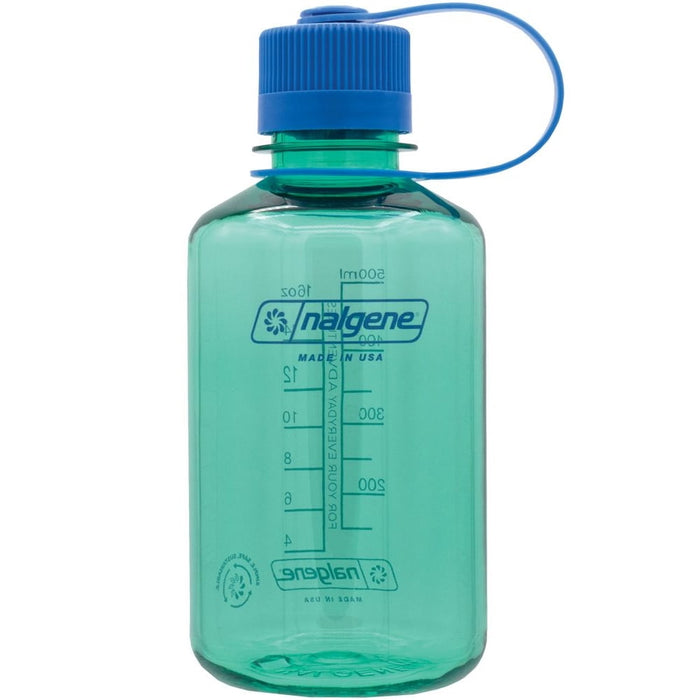 Translucent mint green narrow mouth water bottle with blue screw cap and loop tether, measurement markings visible