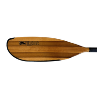 Wooden kayak paddle blade with black trim shown from front view
