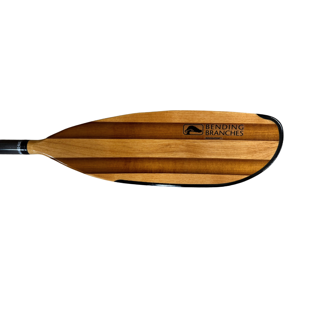Wooden kayak paddle with laminated wood blade and carbon fiber shaft