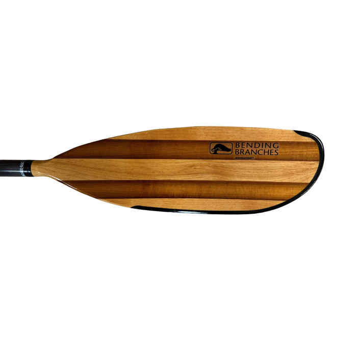 Wooden kayak paddle with laminated wood blade and carbon fiber shaft