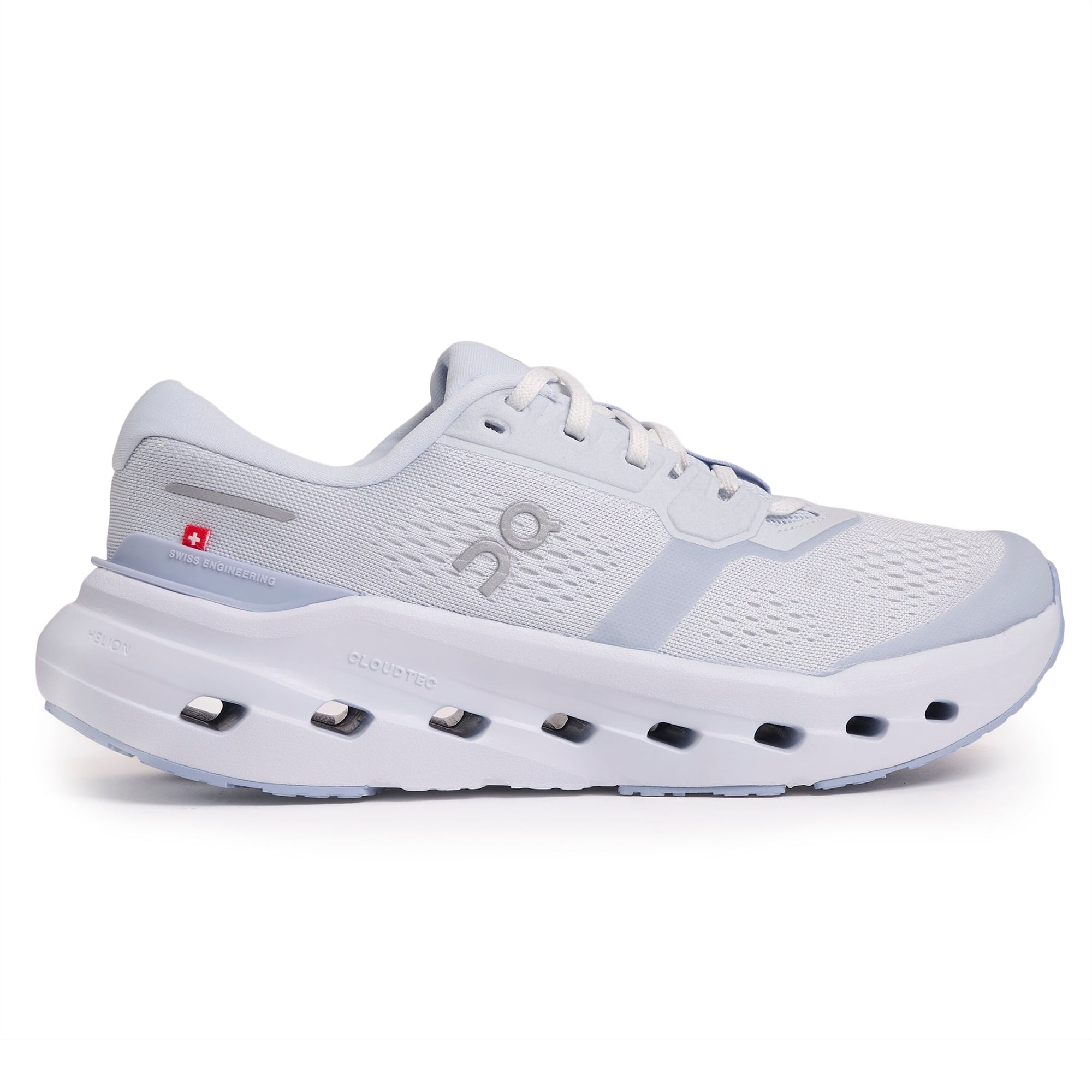 Light gray running shoe with mesh upper and white sole featuring multiple ventilation holes, side view
