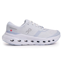 Light gray running shoe with mesh upper and white sole featuring multiple ventilation holes, side view