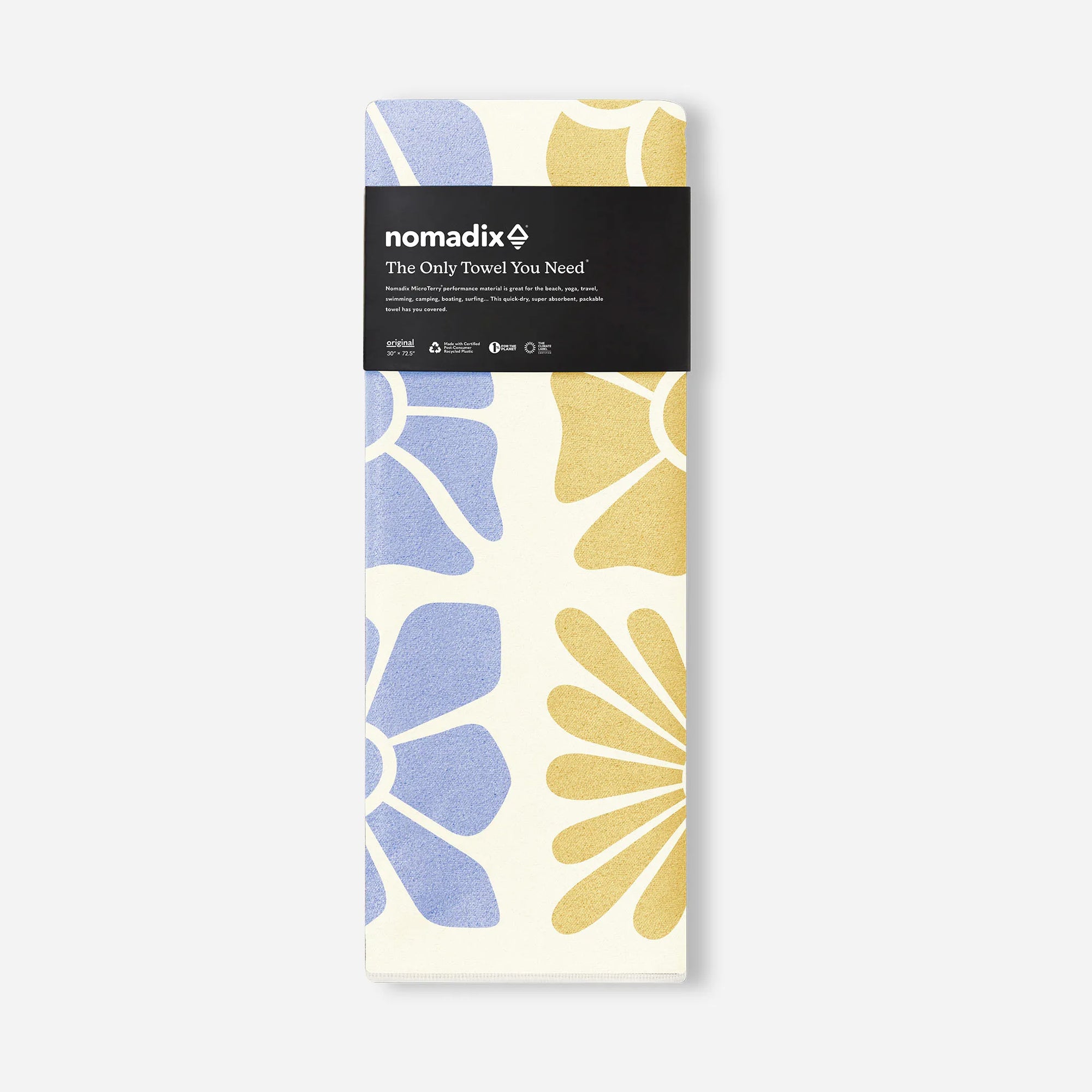 Packaged towel with cream background and blue and yellow abstract floral pattern