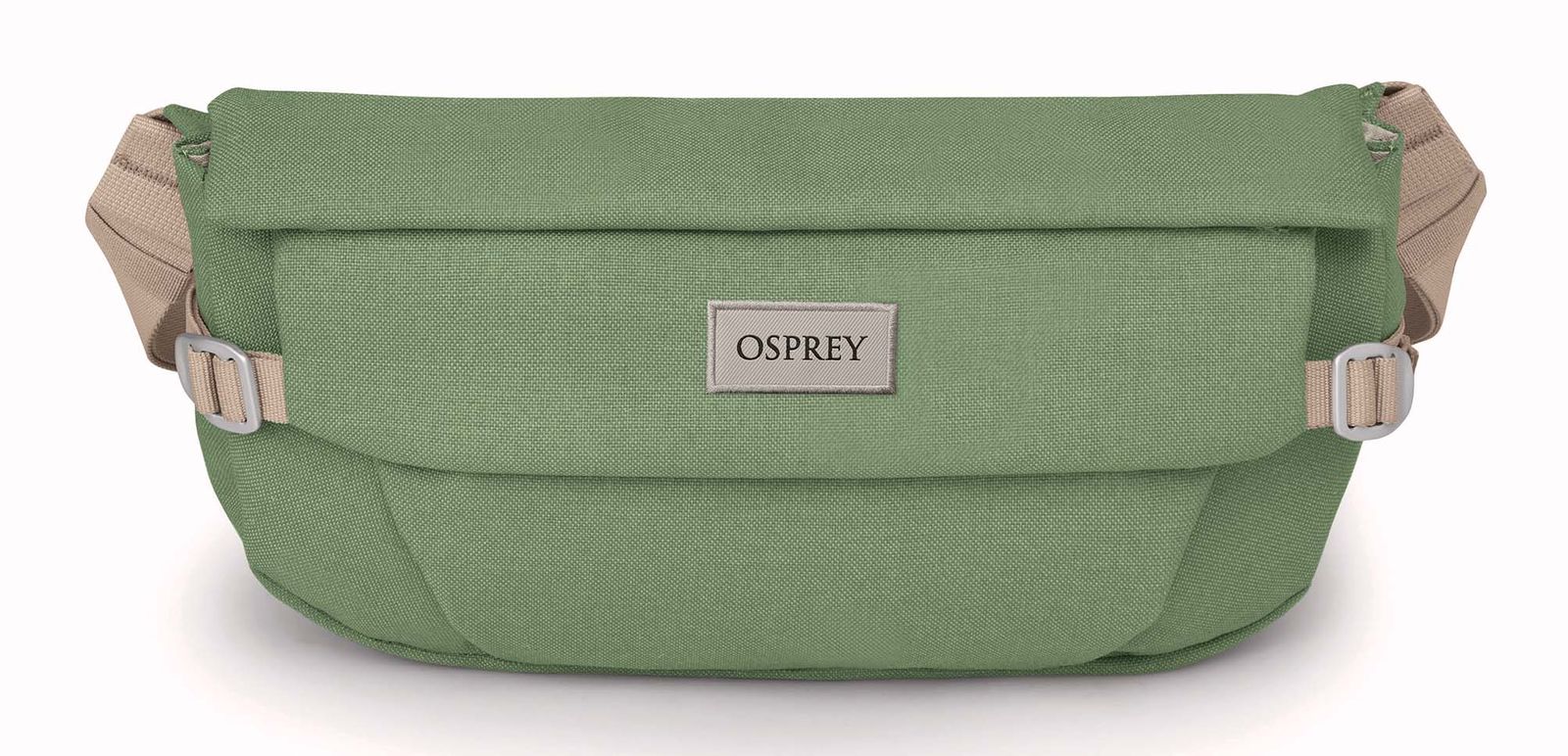 Green hip bag with roll-top flap, beige adjustable strap, and logo patch, front view