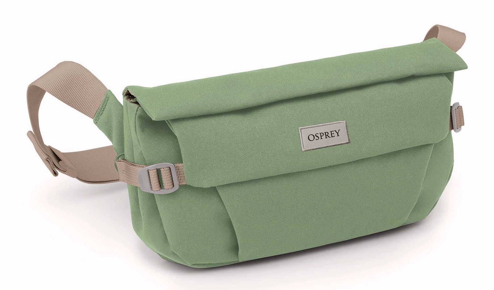 Sage green canvas hip bag with roll-top flap, beige adjustable crossbody strap, front view