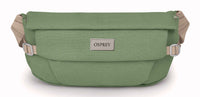 Green hip bag with roll-top flap, beige adjustable strap, and logo patch, front view