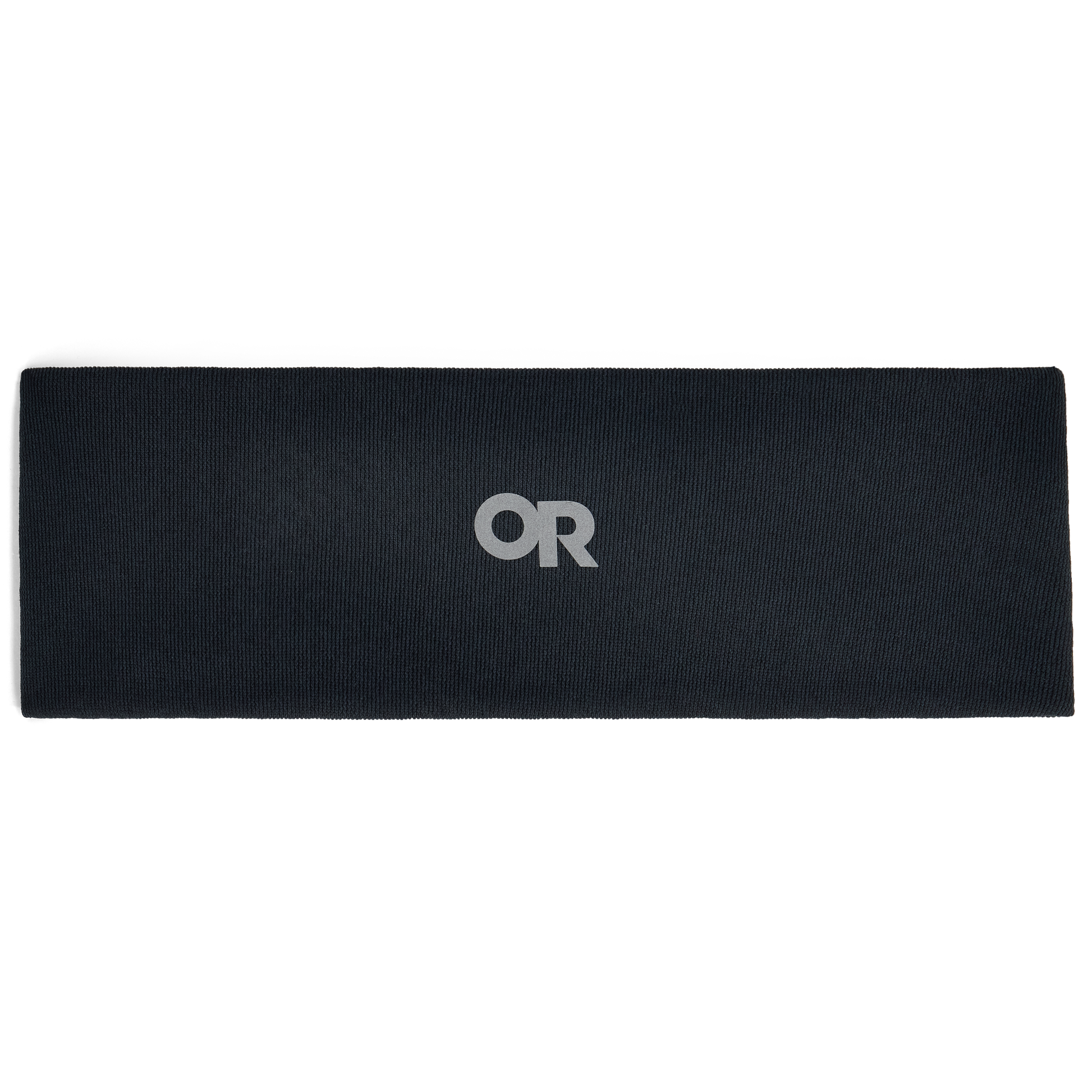 Flat lay of a dark knit fleece headband with small logo, shown unrolled