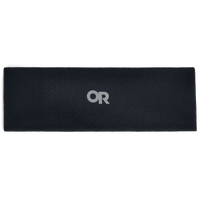 Flat lay of a dark knit fleece headband with small logo, shown unrolled