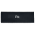Flat lay of a dark knit fleece headband with small logo, shown unrolled