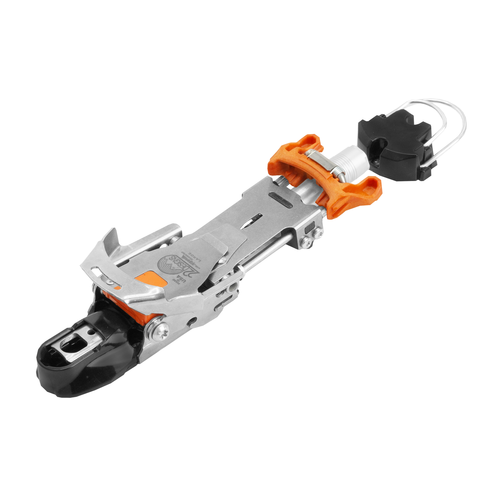 Telemark ski binding with orange lever, silver metal frame, and black toe and heel pieces