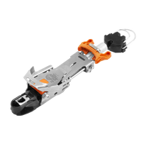 Telemark ski binding with orange lever, silver metal frame, and black toe and heel pieces
