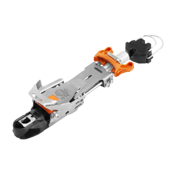 Telemark ski binding with orange lever, silver metal frame, and black toe and heel pieces