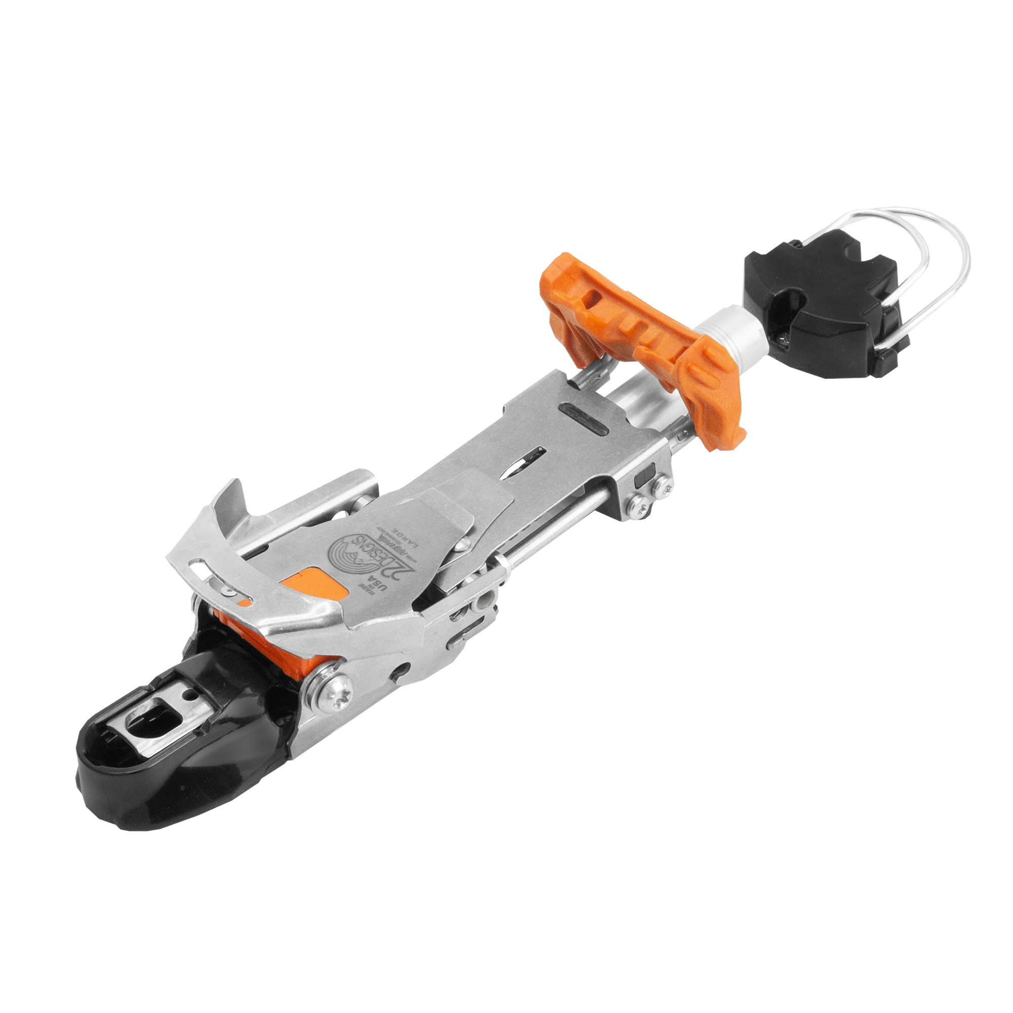 Telemark ski binding with stainless steel plate, orange lever, and black toe piece, angled view