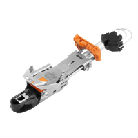 Telemark ski binding with stainless steel plate, orange lever, and black toe piece, angled view