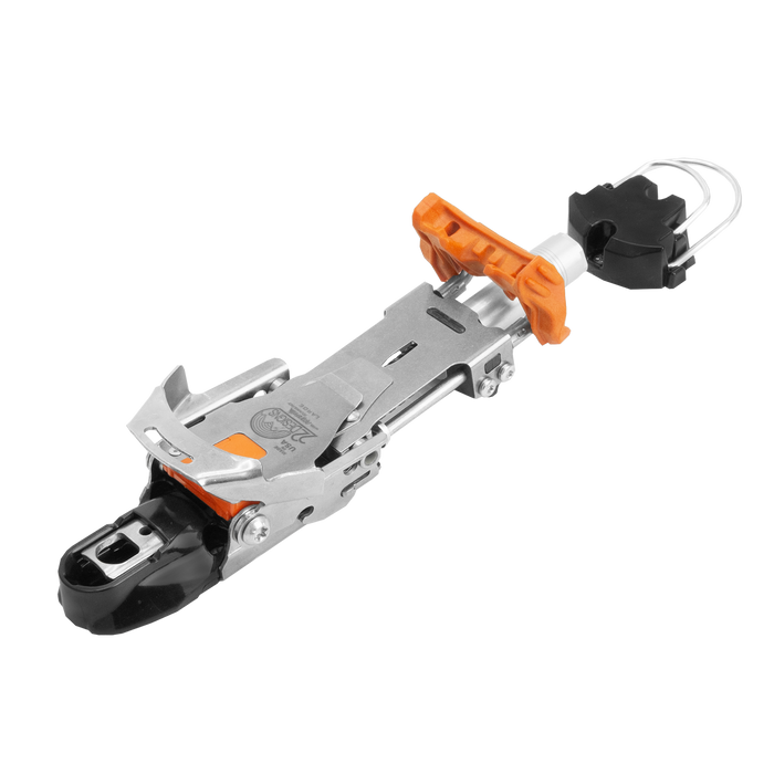 Telemark ski binding with stainless steel plate, orange lever, and black toe piece, angled view