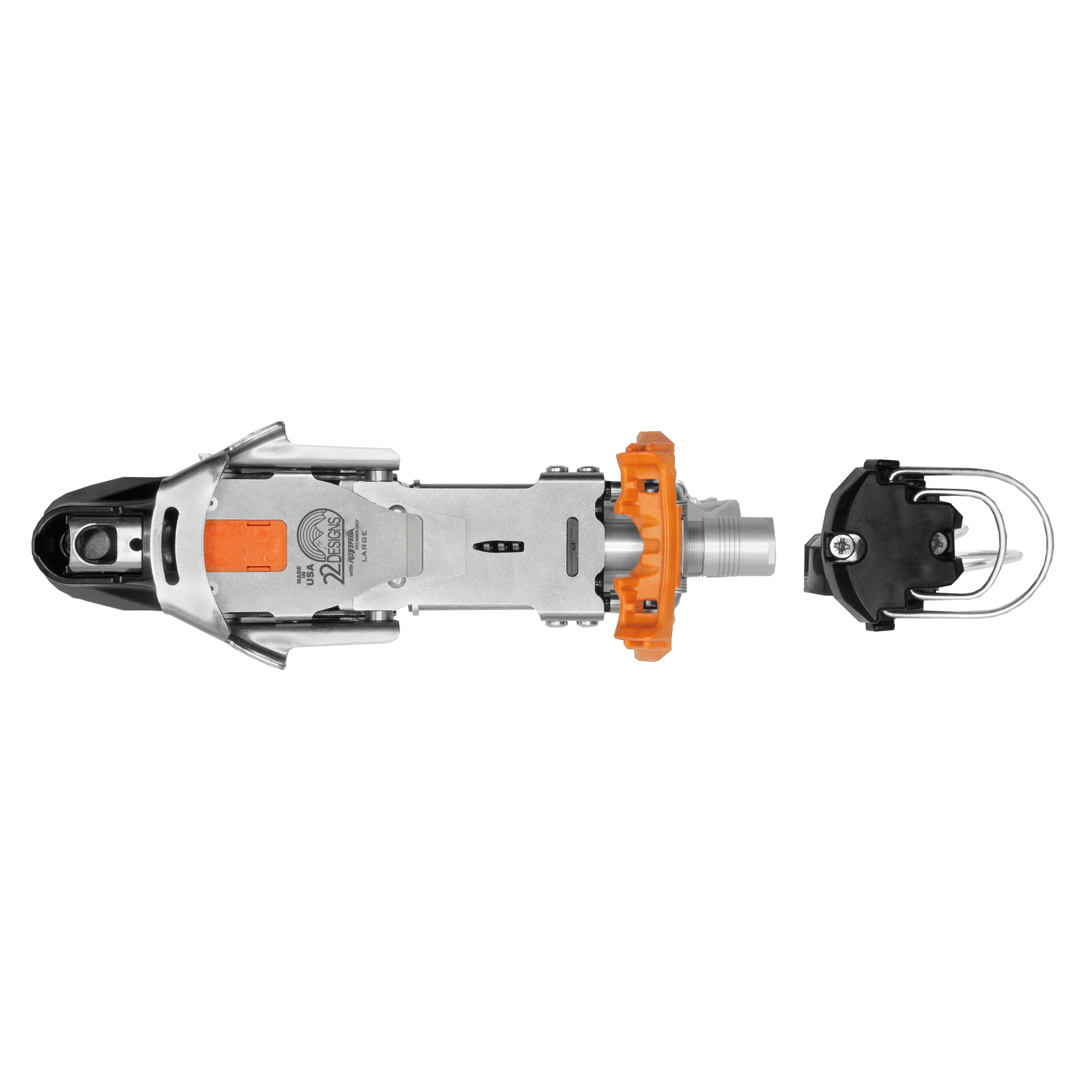 Telemark ski binding shown from above, featuring orange pivot mechanism and metal heel piece