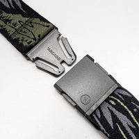 Tactical belt with camouflage webbing and gray quick-release buckle shown partially unbuckled