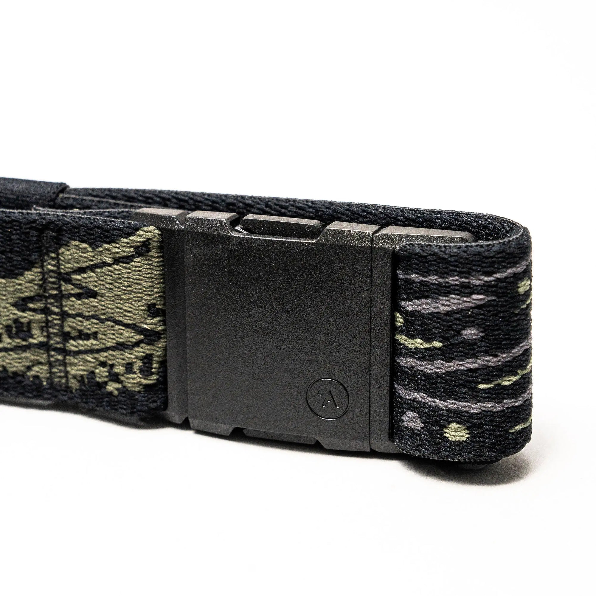 Camouflage patterned webbing belt with black plastic buckle, close-up detail view