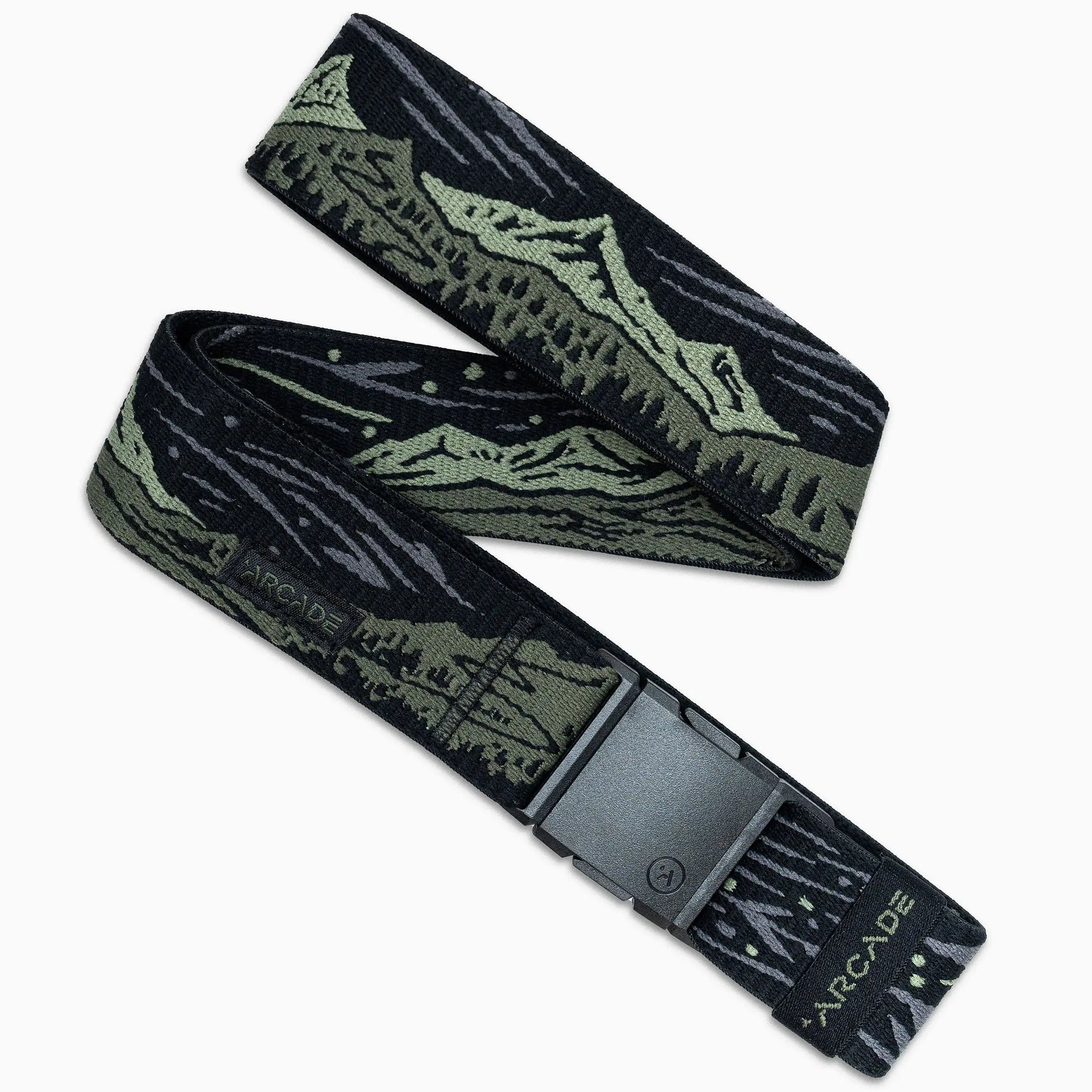 Camouflage patterned fabric belt with black plastic buckle, displayed in curved S-shape