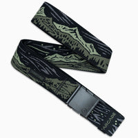 Camouflage patterned fabric belt with black plastic buckle, displayed in curved S-shape