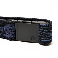 Woven fabric belt with navy and black pattern and black magnetic buckle