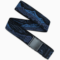 Woven belt with mountain landscape pattern and plastic buckle laid flat showing full length