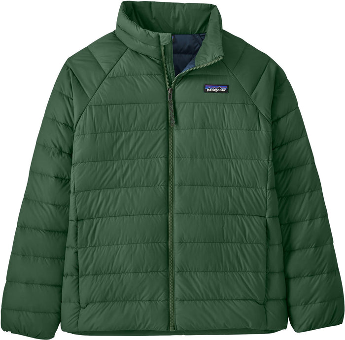 Kids' quilted puffer jacket in dark green with full zip and stand collar, front view