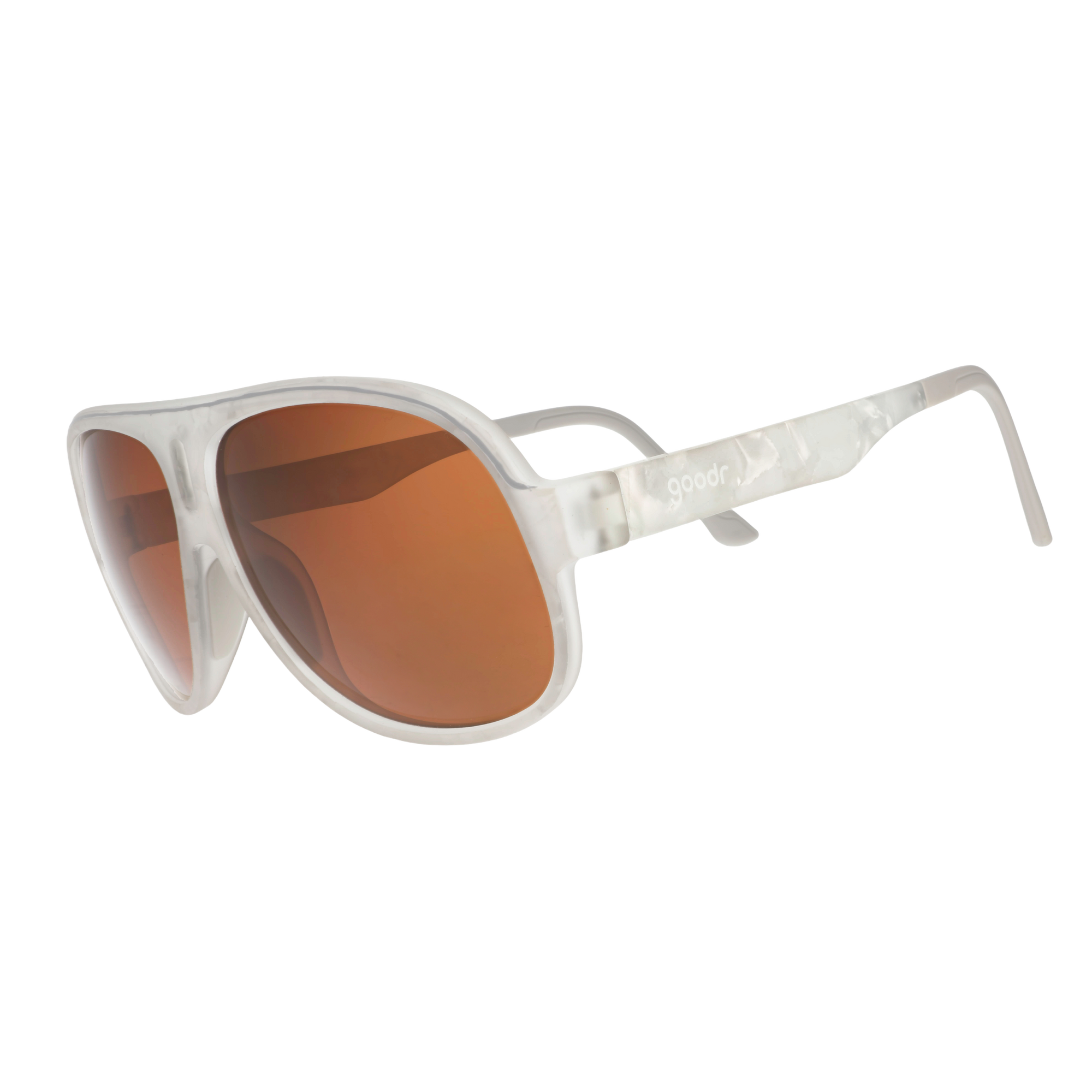 Aviator-style sunglasses with frosted white frame and amber brown lenses, three-quarter view