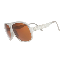 Aviator-style sunglasses with frosted white frame and amber brown lenses, three-quarter view
