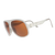 Aviator-style sunglasses with frosted white frame and amber brown lenses, three-quarter view