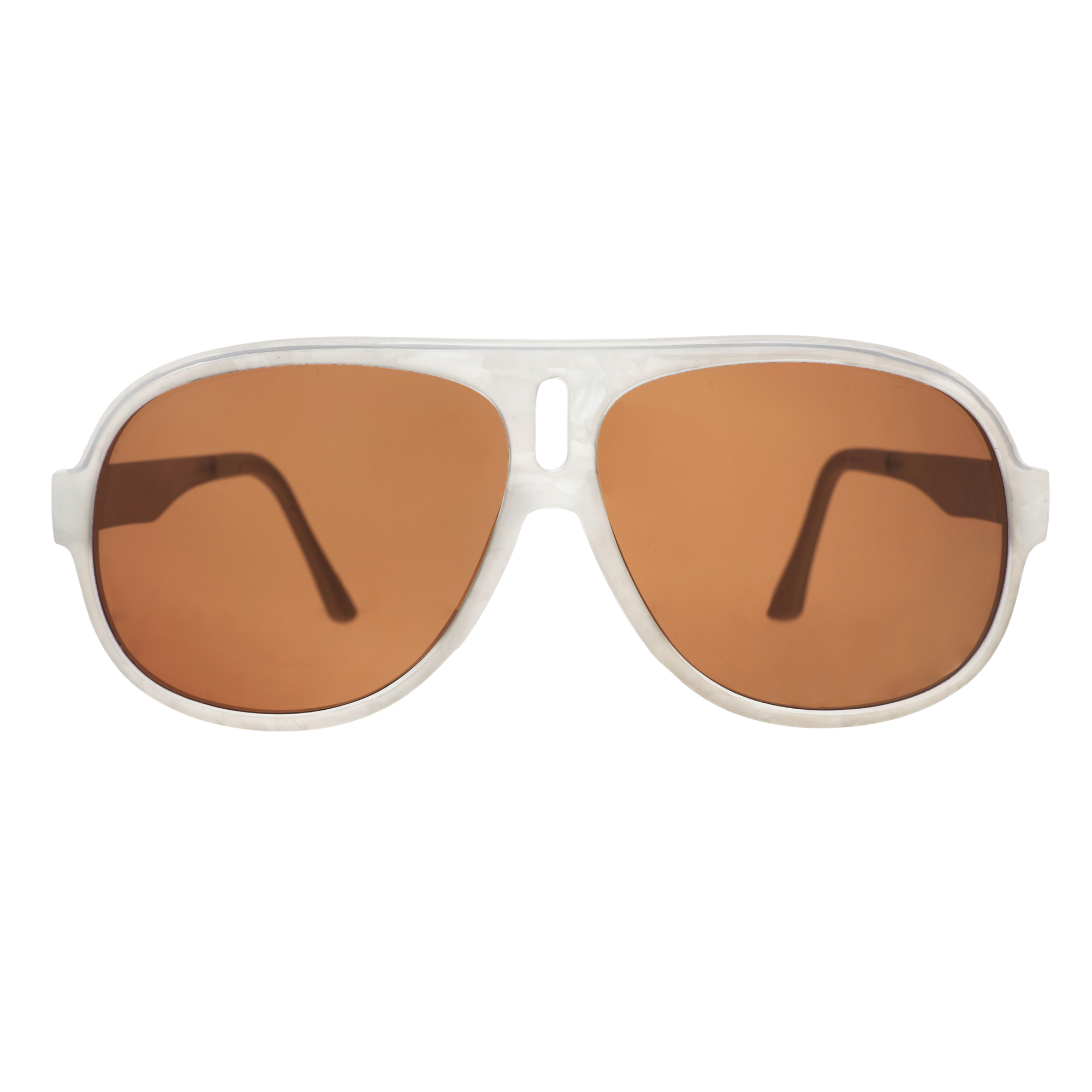 Aviator-style sunglasses with white frame and amber brown tinted lenses, front view