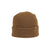 Waffle-knit cuffed beanie in warm tan with small leather logo patch, front view
