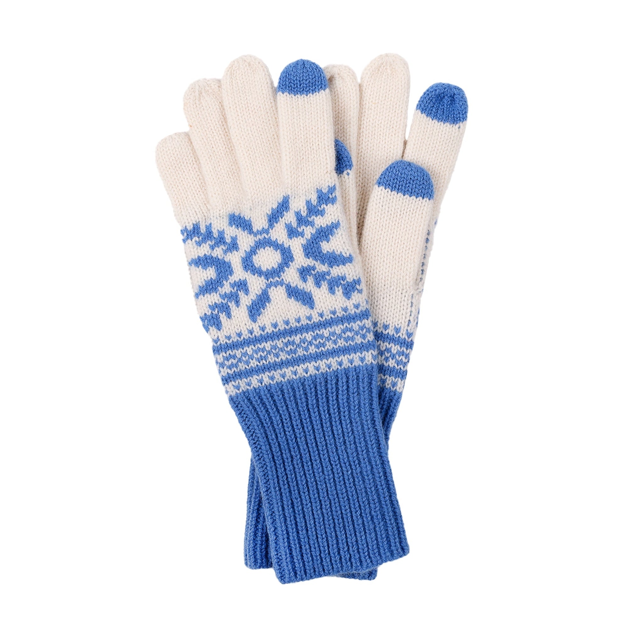Knit winter gloves with blue snowflake pattern, striped detail, ribbed blue cuffs, and touchscreen fingertips
