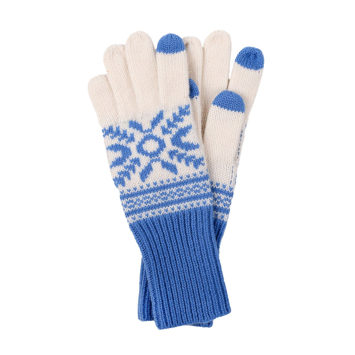 Knit winter gloves with blue snowflake pattern, striped detail, ribbed blue cuffs, and touchscreen fingertips