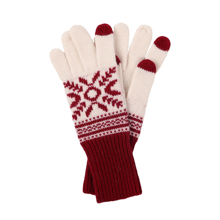 Cream knit gloves with red snowflake pattern, striped detail, red cuffs, and touchscreen fingertips