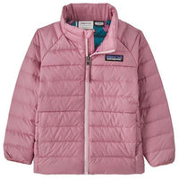 Light pink quilted baby down jacket with full zip and stand collar, front view