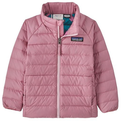 Light pink quilted baby down jacket with full zip and stand collar, front view