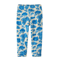 Baby fleece leggings with blue cloud and raindrop print on cream background, flat lay view